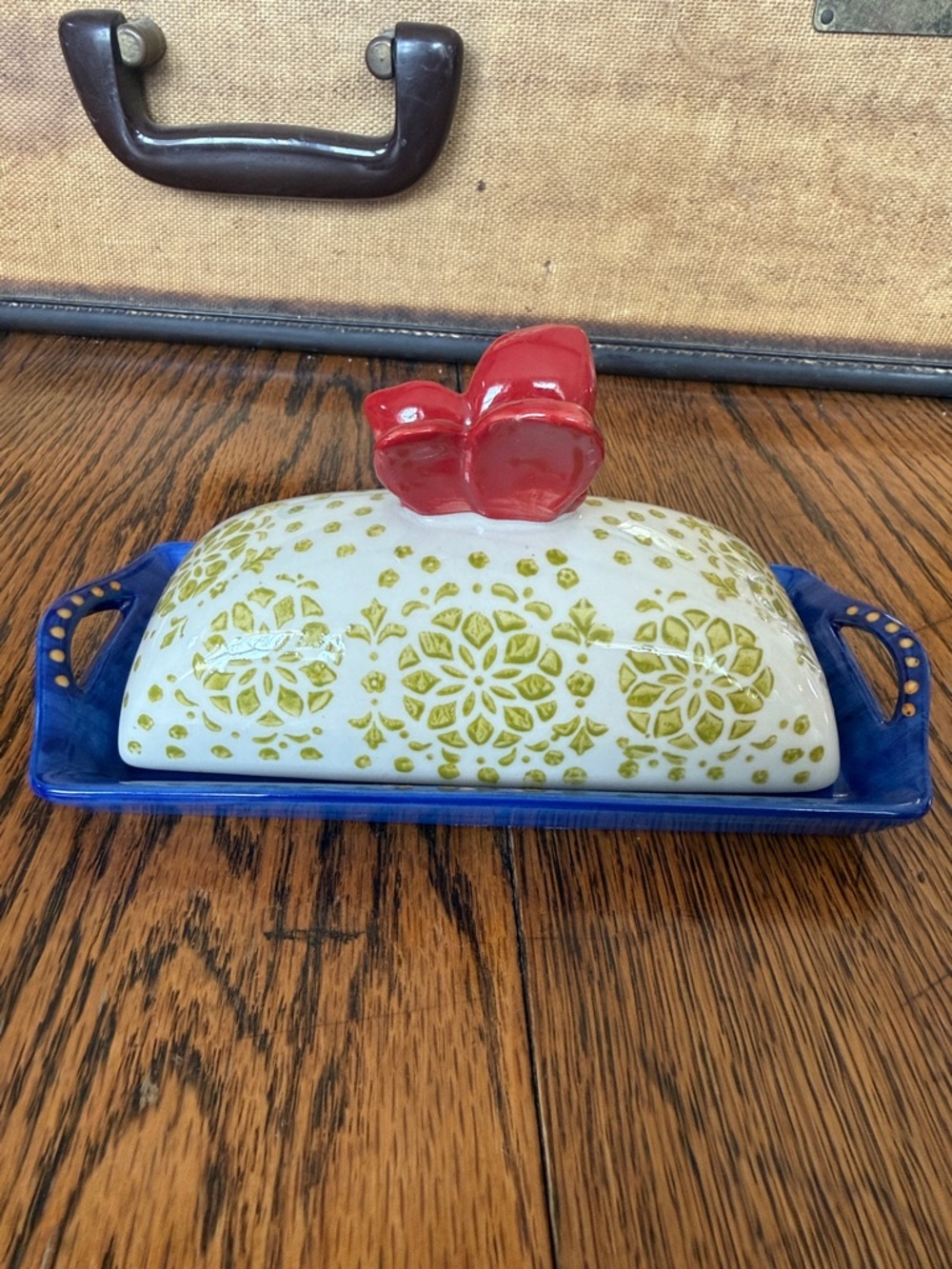 Pier 1 Ceramic Butter Dish in White with Blue Trim Butterfly